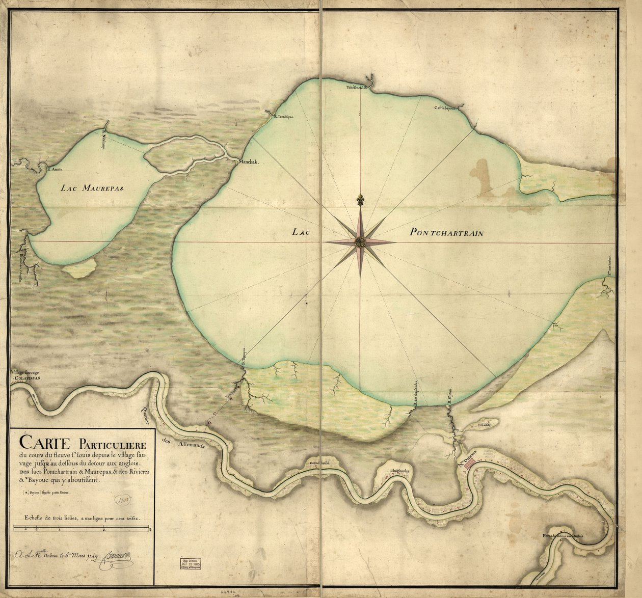 Spesielt kart over forløpet til St. Louis-elven fra den ville landsbyen til nedenfor Detour aux Angloix, over innsjøene Pontchartrain og Maurepas og over elvene og bayouc som ender der av F. Saucier