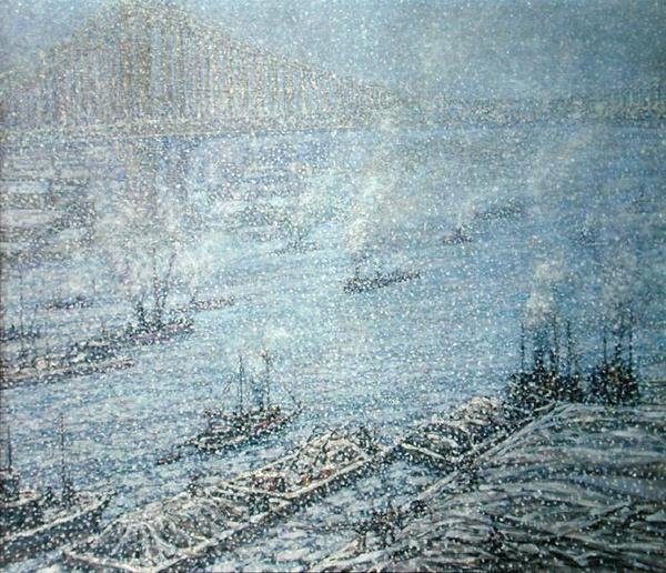 East River, New York, Winter (olje på lerret) av F. Usher de Voll
