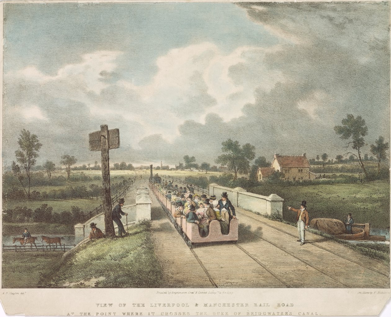Utsikt over Liverpool & Manchester Rail Road ved punktet hvor den krysser Duke of Bridgewaters Canal, gravert av A.B. Clayton, 1831 av F. after Nicholson