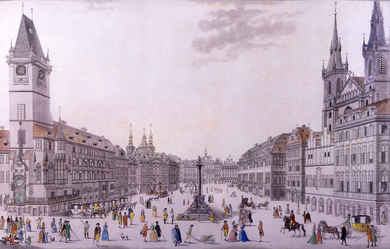 Old Town Square, Praha (farget etsning og kobbergravering) av F. and Heger, P. Heger