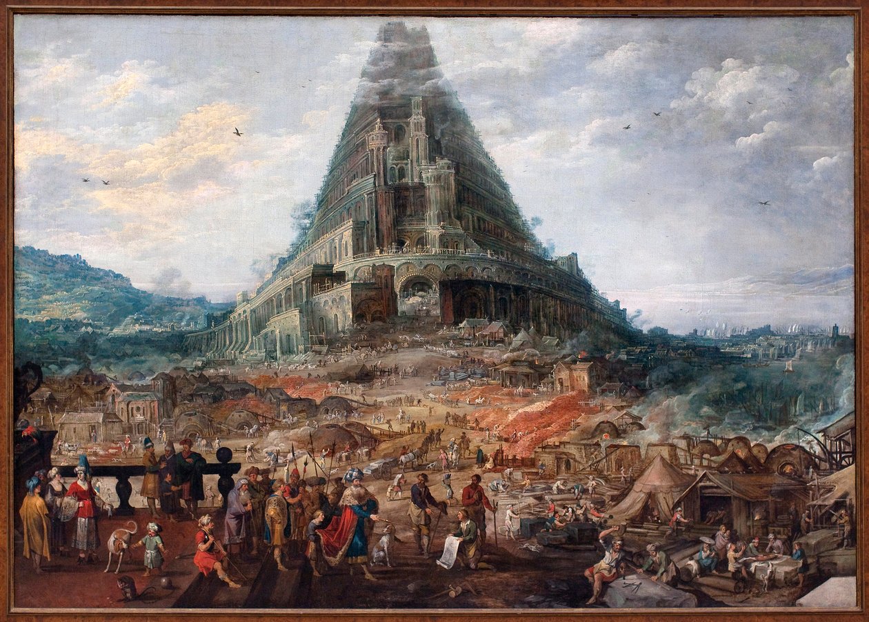 Babel-tårnet. Maleri av Joos de Momper II (1564-1635), figurer tilskrevet Frans Francken II (1581-1642), olje på tre. Flamsk kunst 1600-tallet. Royal Museum of Fine Arts of Belgium, Brussel. av F. and Momper J. Francken