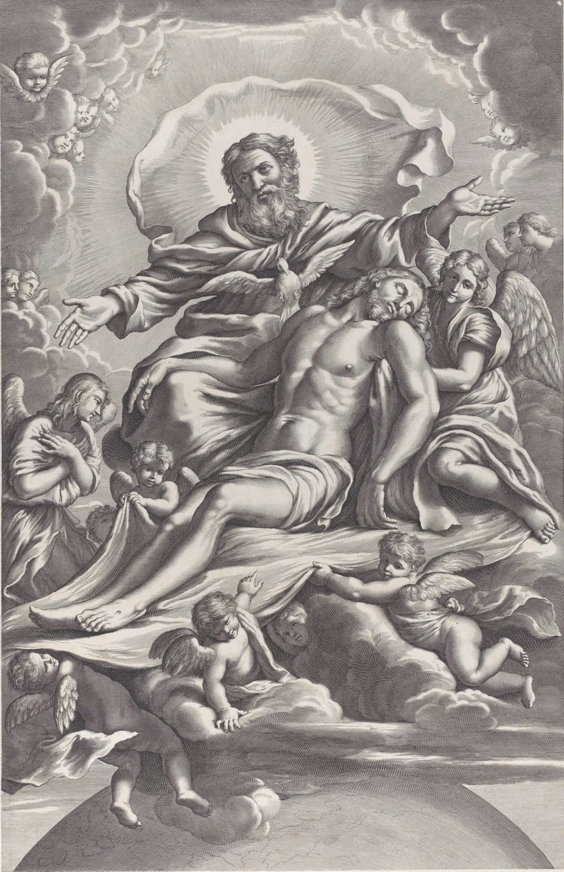 Den hellige treenighet, med den døde Kristus i sentrum omgitt av engler, Gud Faderen, ..., 1650-90. av F. de Louvement