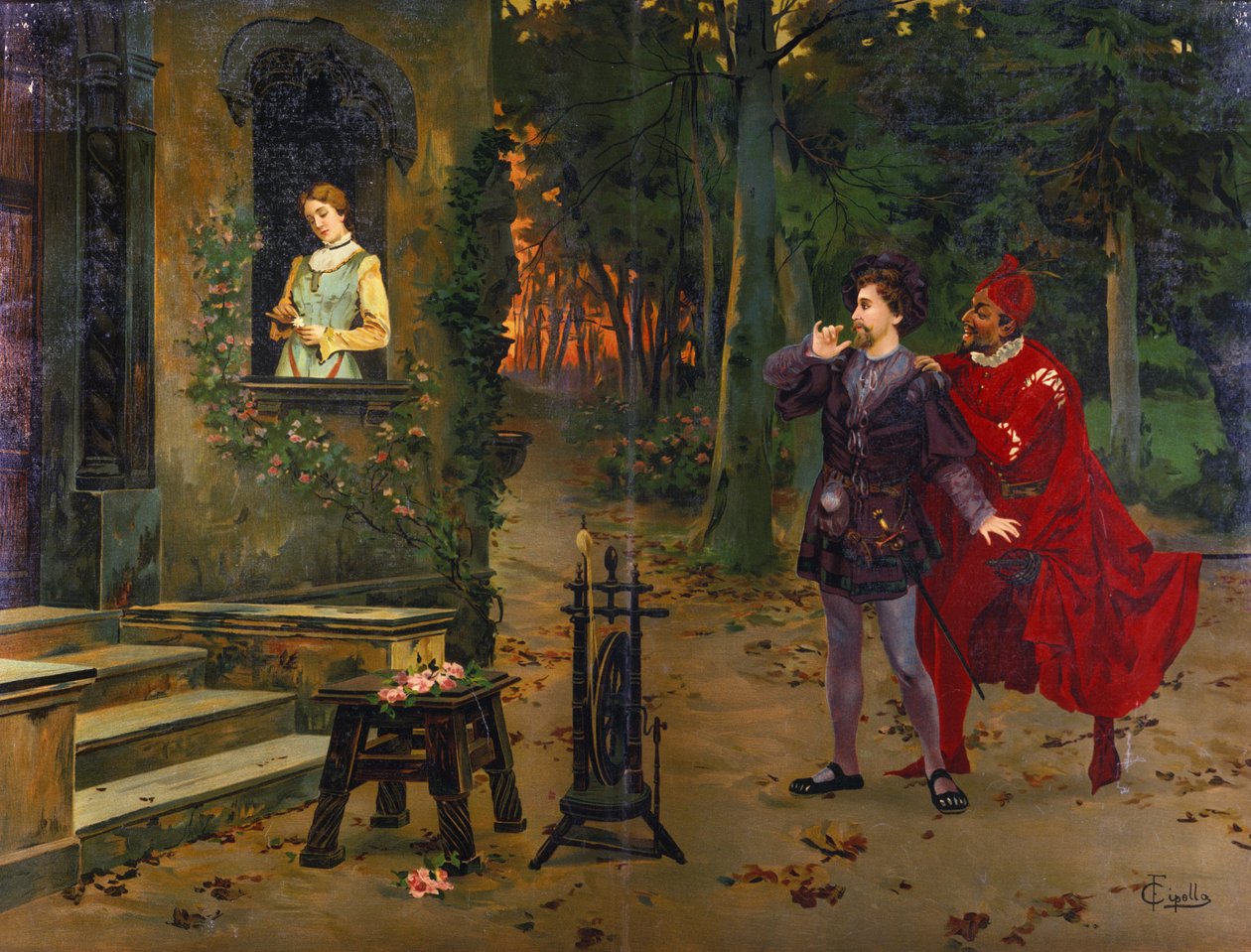 Møtet med Marguerite. Mephisto (Mephistopheles). Illustrasjon av "" Faust"", Opera av Charles Gounod (1818 - 1893). kromolitografi av F. Cipolla. av Fabio Cipolla