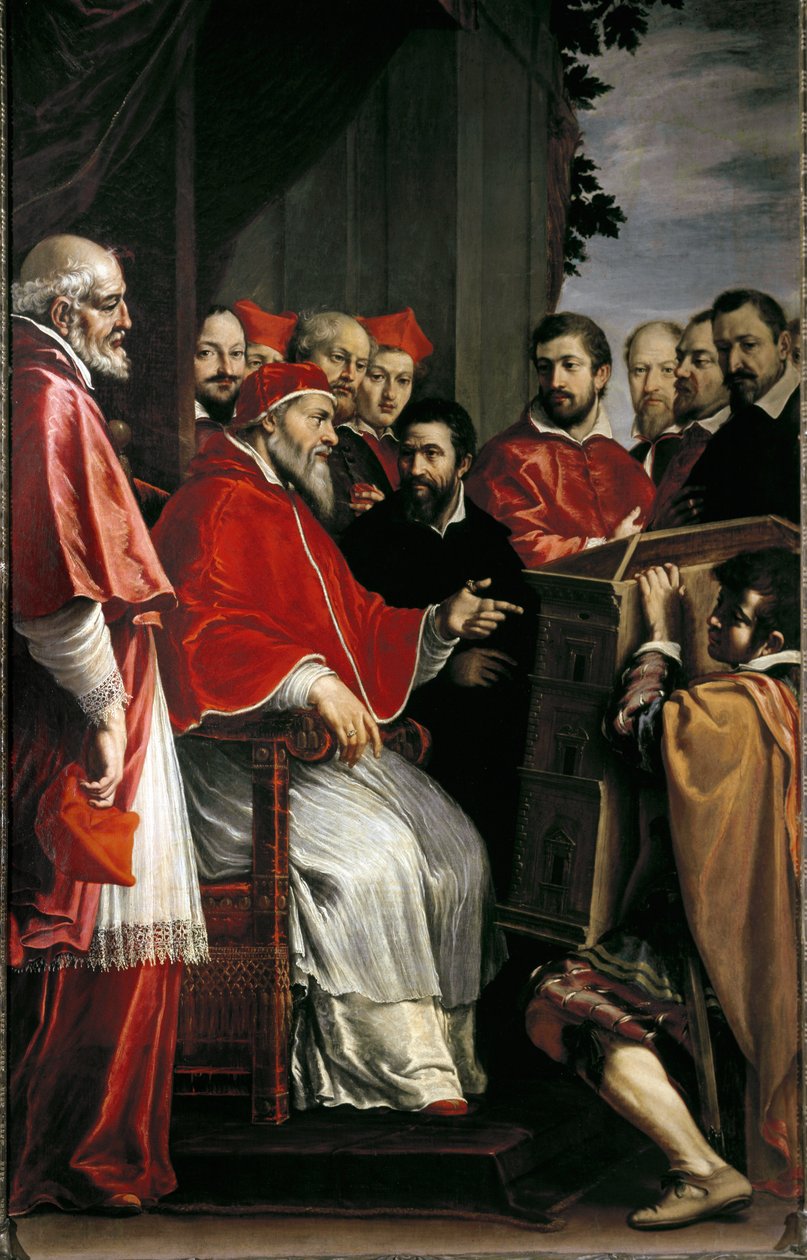 Michelangelo presenterer modell for bygging av Rota-domstolen i Giulia-gaten for pave Julius III av Fabrizio Boschi