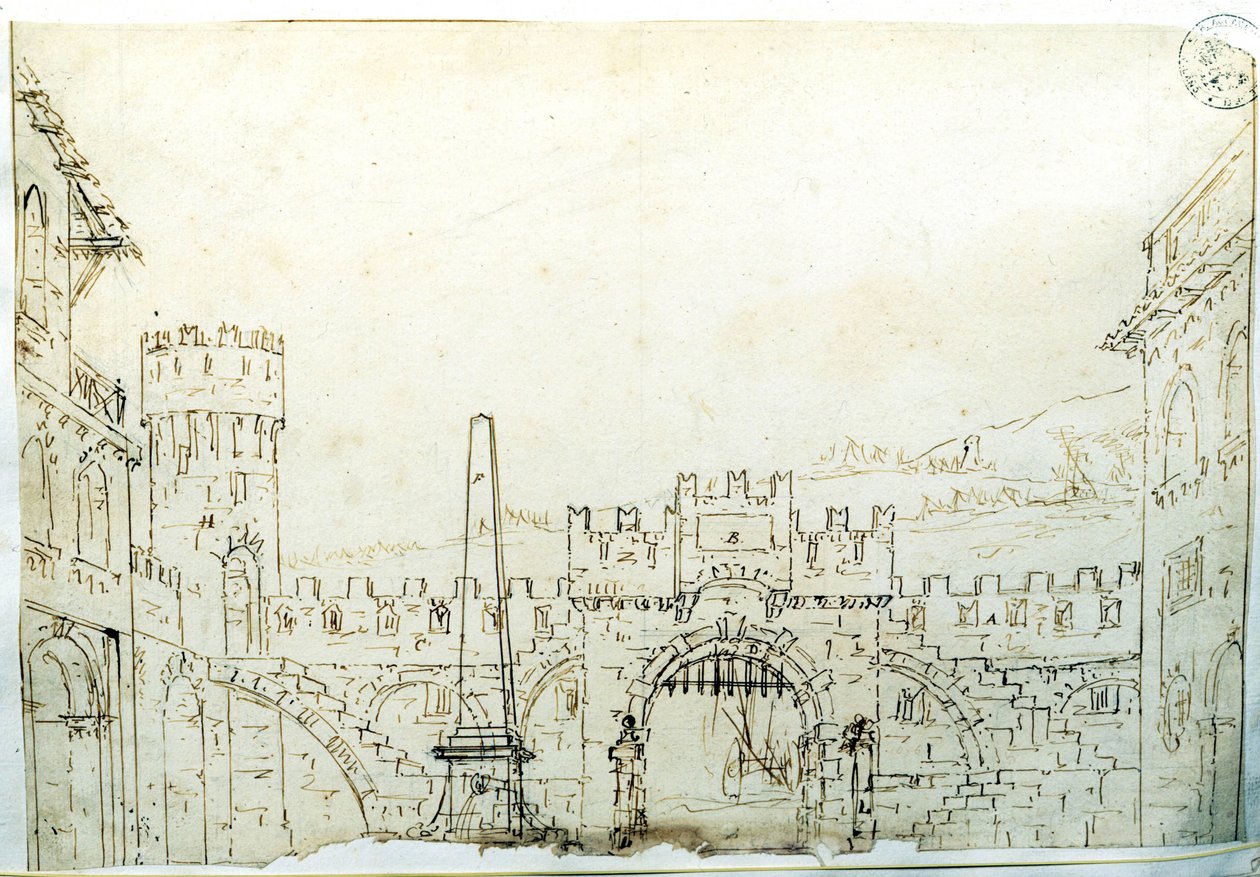 Scenografisk setting av F. Galliari for Antonio Vivaldis opera «Caton d'Utique» som ble spilt i Torino i 1763. Accademia delle Belle Arti, Milano. av Fabrizio Galliari