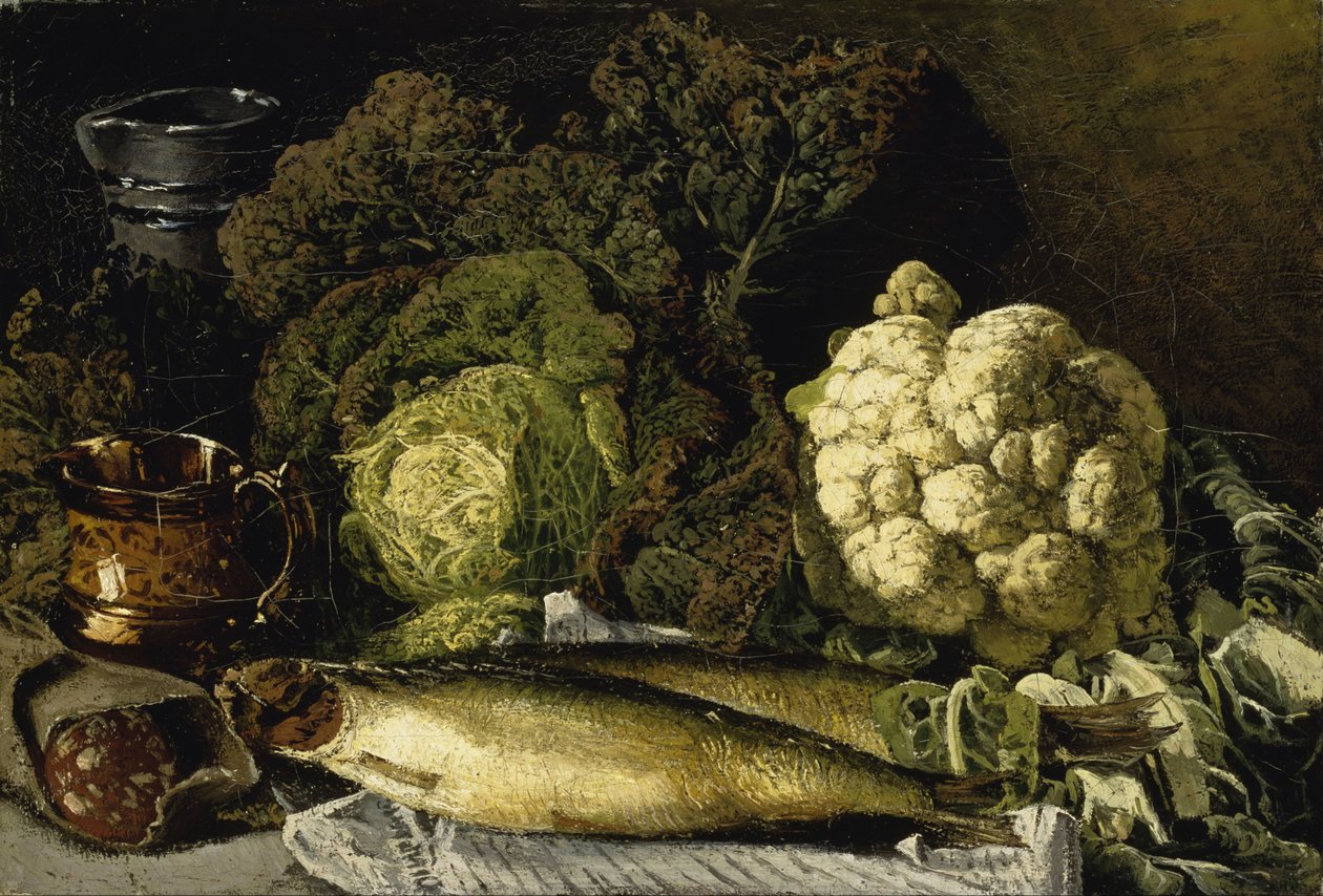 Stilleben med grønnsaker og fisk av Fanny Churberg