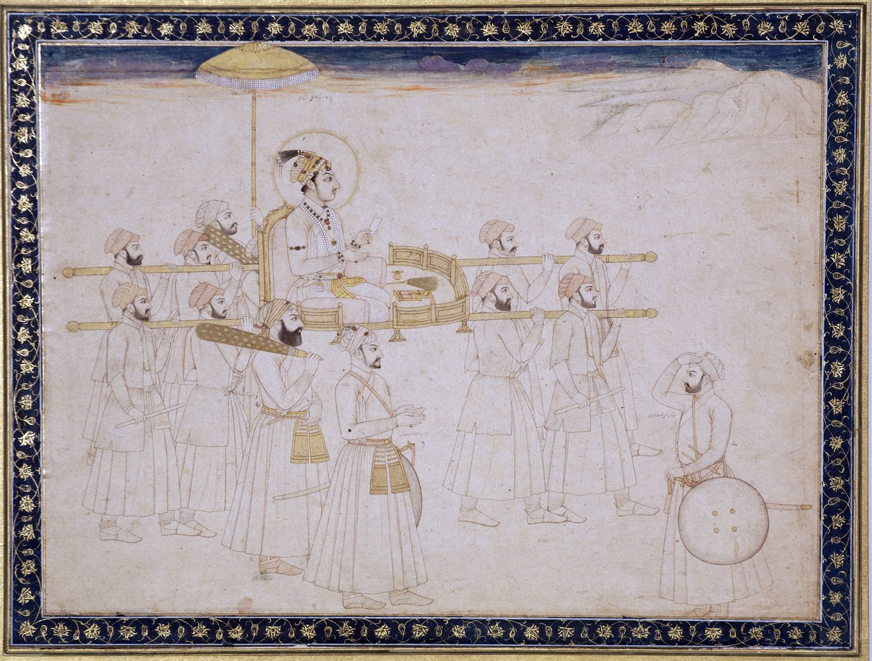 Muhammad Shah bar i en palankin, ca. 1735 (ugjennomsiktig wc og gull på papir) av Faqir ullah