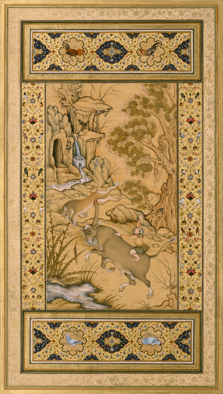 Blad fra Muraqqa Gulshan- A Buffalo Fighting a Lioness (recto) Calligraphy (verso) av Farrukh Chela