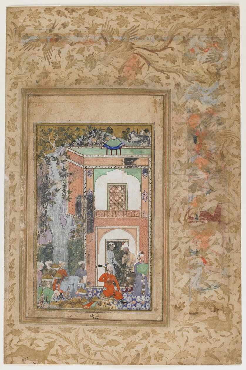 Babur underholder i Sultan Ibrahim Lodis palass, ca. 1585 (ugjennomsiktig akvarell og gull på papir) av Farrukh Beg
