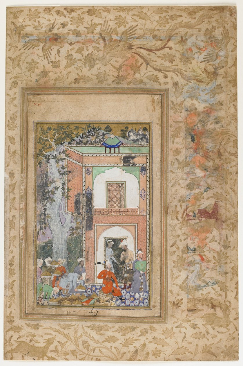 Babur underholder i Sultan Ibrahim Lodis Palace, løsrevet folio fra en spredt kopi av Baburnama (Tuzuk-i Baburi) av Zahir-al-Din Muhammad Babur, ca. 1585 (wc, blekk og gull på papir) av Farrukh Beg