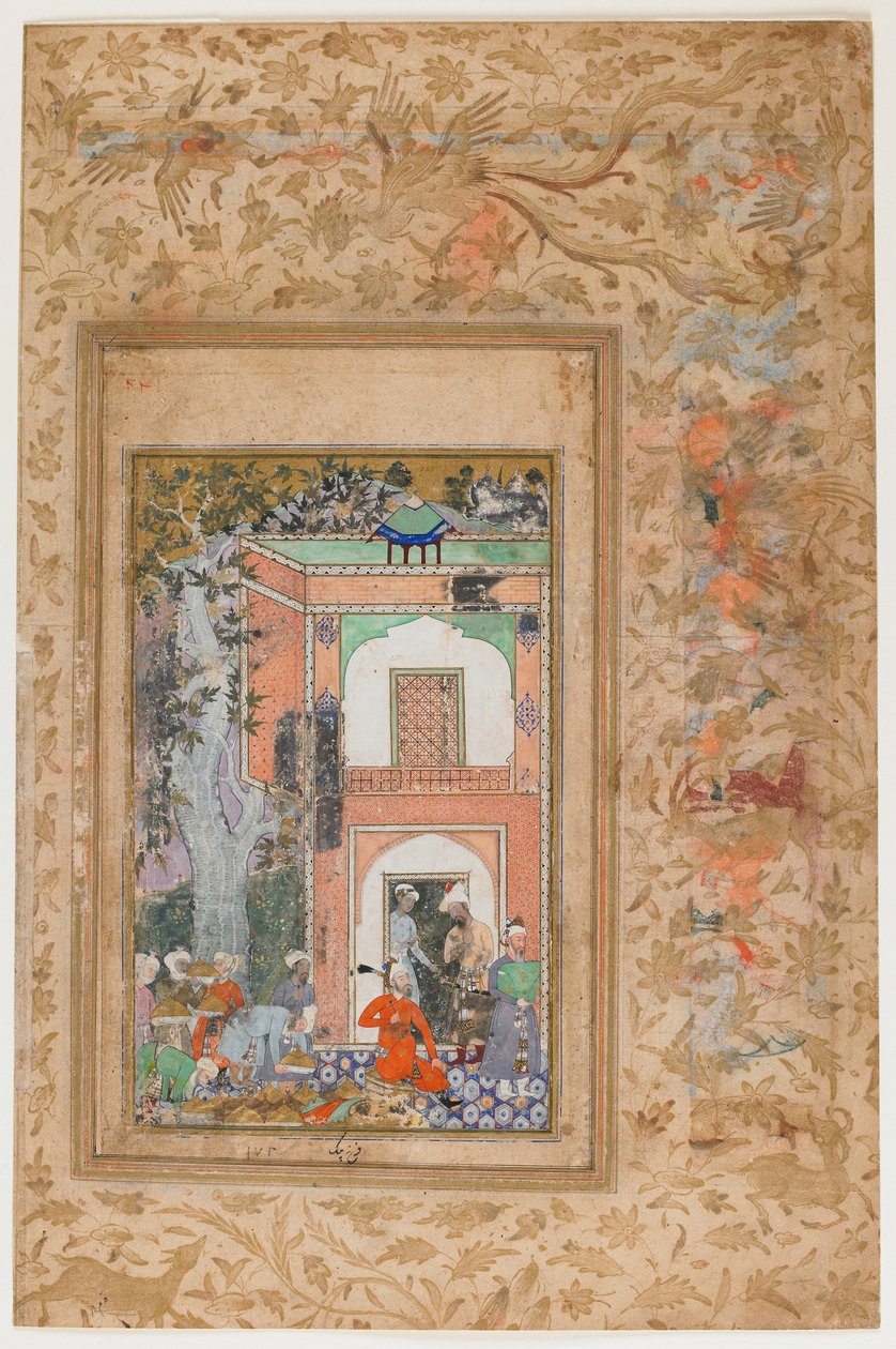 <em> Babur underholder i Sultan Ibrahim Lodis palass </em> fra en <em>Baburnama</em> av Farrukh Beg