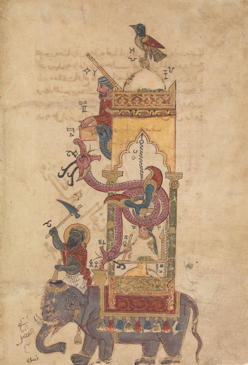 The Elephant Clock, Folio fra en bok om kunnskapen om Genial Mechanical..., A.H. 715A.D.1315 av Farrukh ibn Abd al Latif