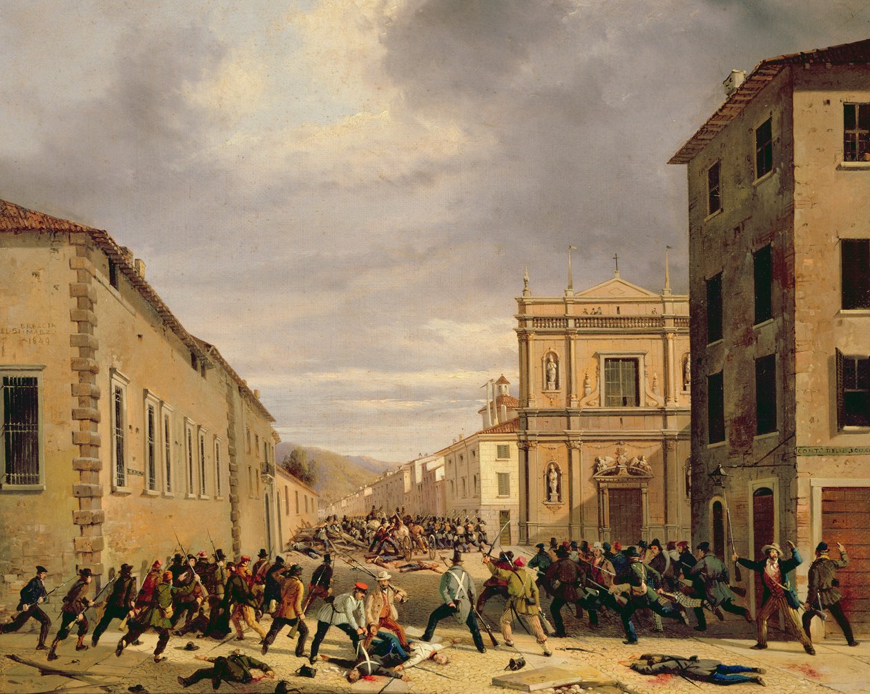 Slaget 21. mars 1849 på Piazzetta Santa Barnaba i Brescia av Faustino Joli