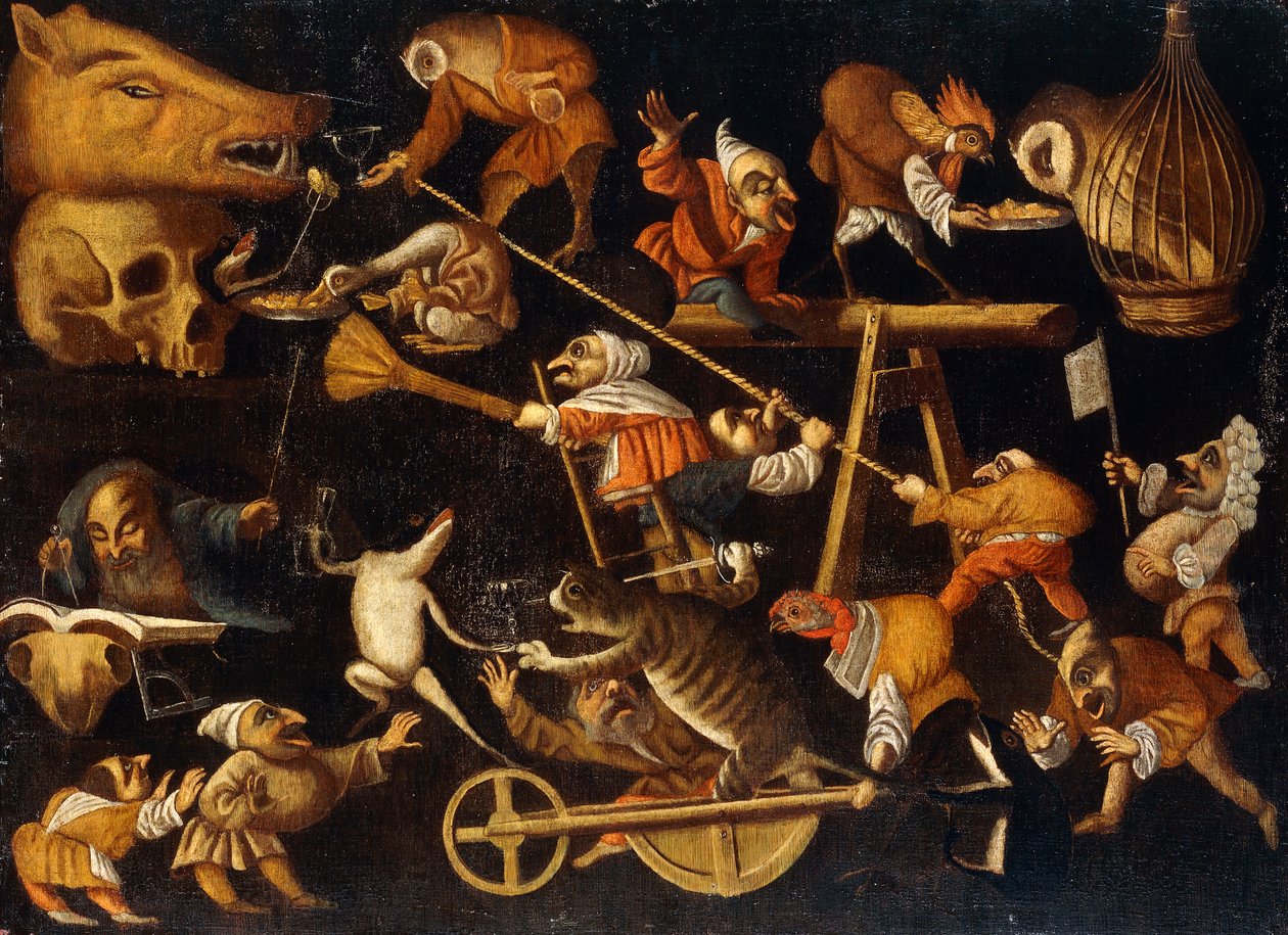 Fantasidyr og dverger som slåss, drikker og surrer av Faustino Bocchi or Boccasi