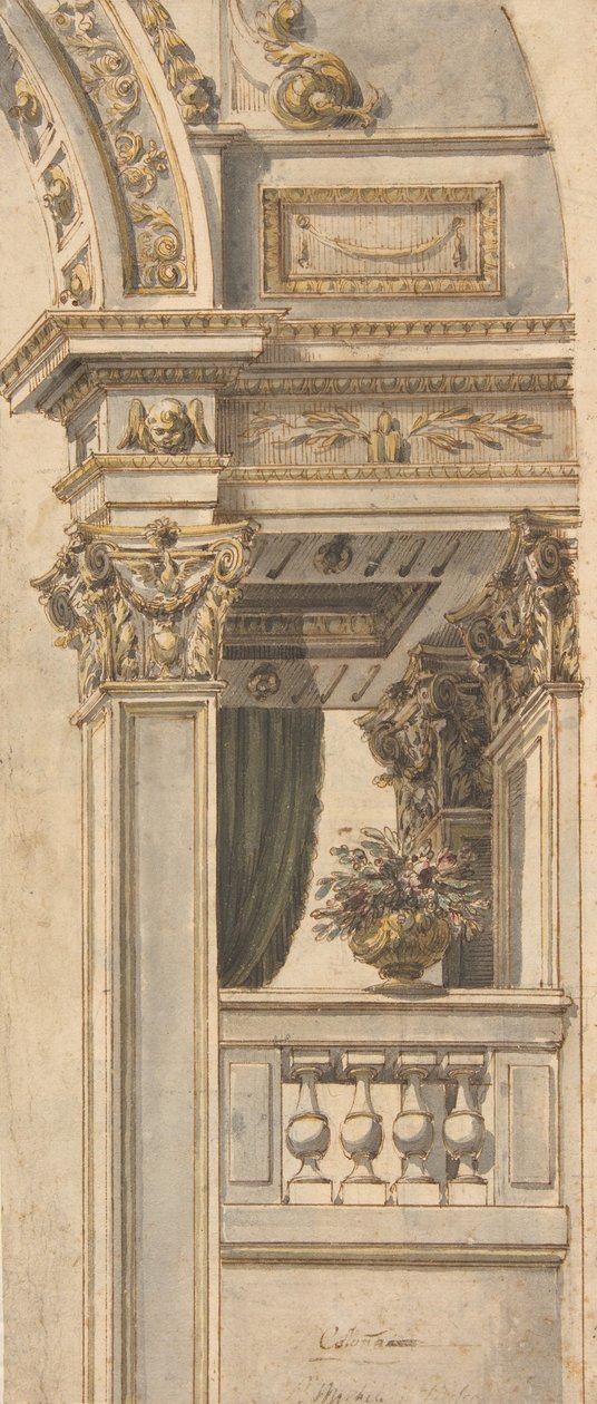 Design for en del av en vegghøyde med en balkong som flankerer en bue, . av Faustino Trebbi