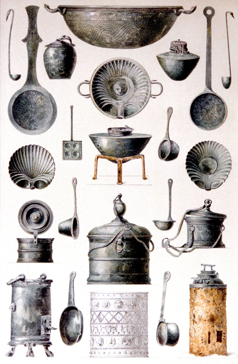 Reproduksjon av kokeutstyr, fra The Houses and Monuments of Pompeii, av Fausto og Felice Niccolini, bind IV, supplement, plate XVII av Fausto and Niccolini Felice Niccolini