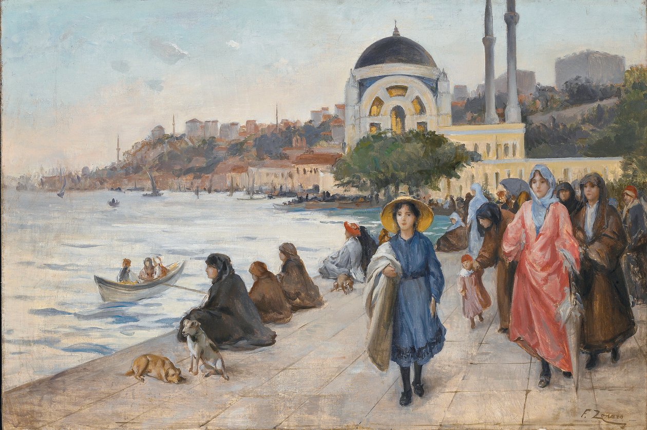 Mafalda på bredden av Bosporos, Dolmabahce-moskeen i bakgrunnen (olje på lerret) av Fausto Zonaro