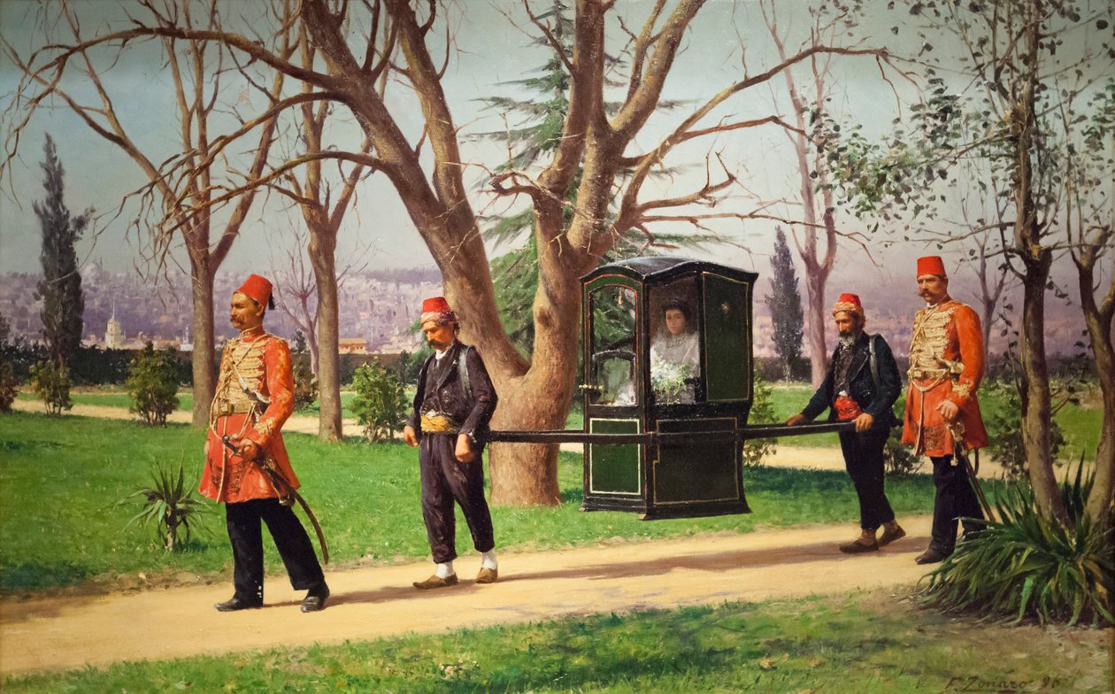 Datteren til den engelske ambassadøren som rir i en palanquin av Fausto Zonaro