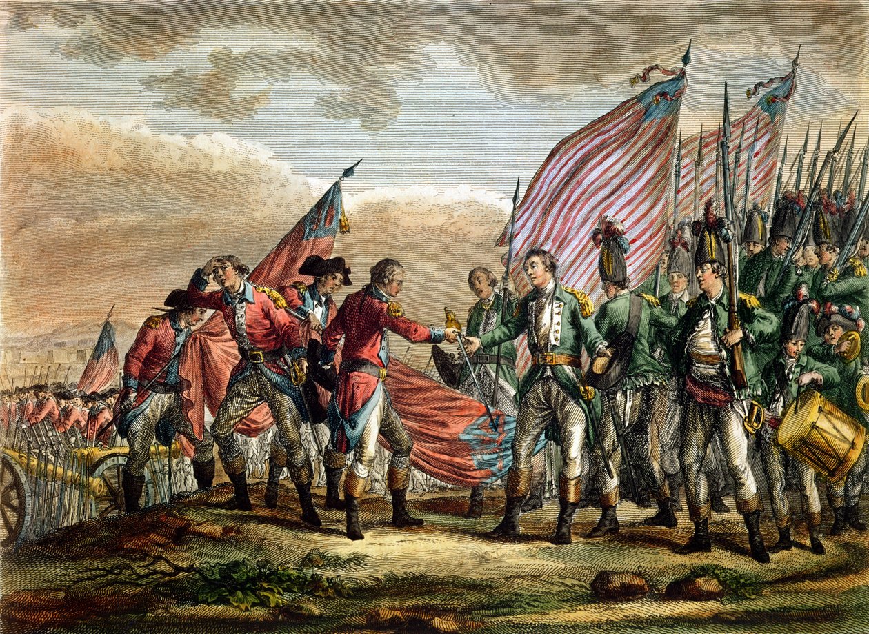 Overgivelsen til general John Burgoyne i slaget ved Saratoga, 7. oktober 1777, gravert av Godefroy av Fauvel