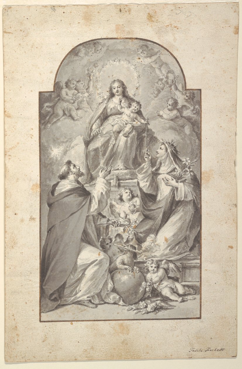 Design for et altermaleri, Saint Dominic og Saint Catherine av Siena mottar rosenkransen fra jomfruen og barnet av Fedele Fischetti