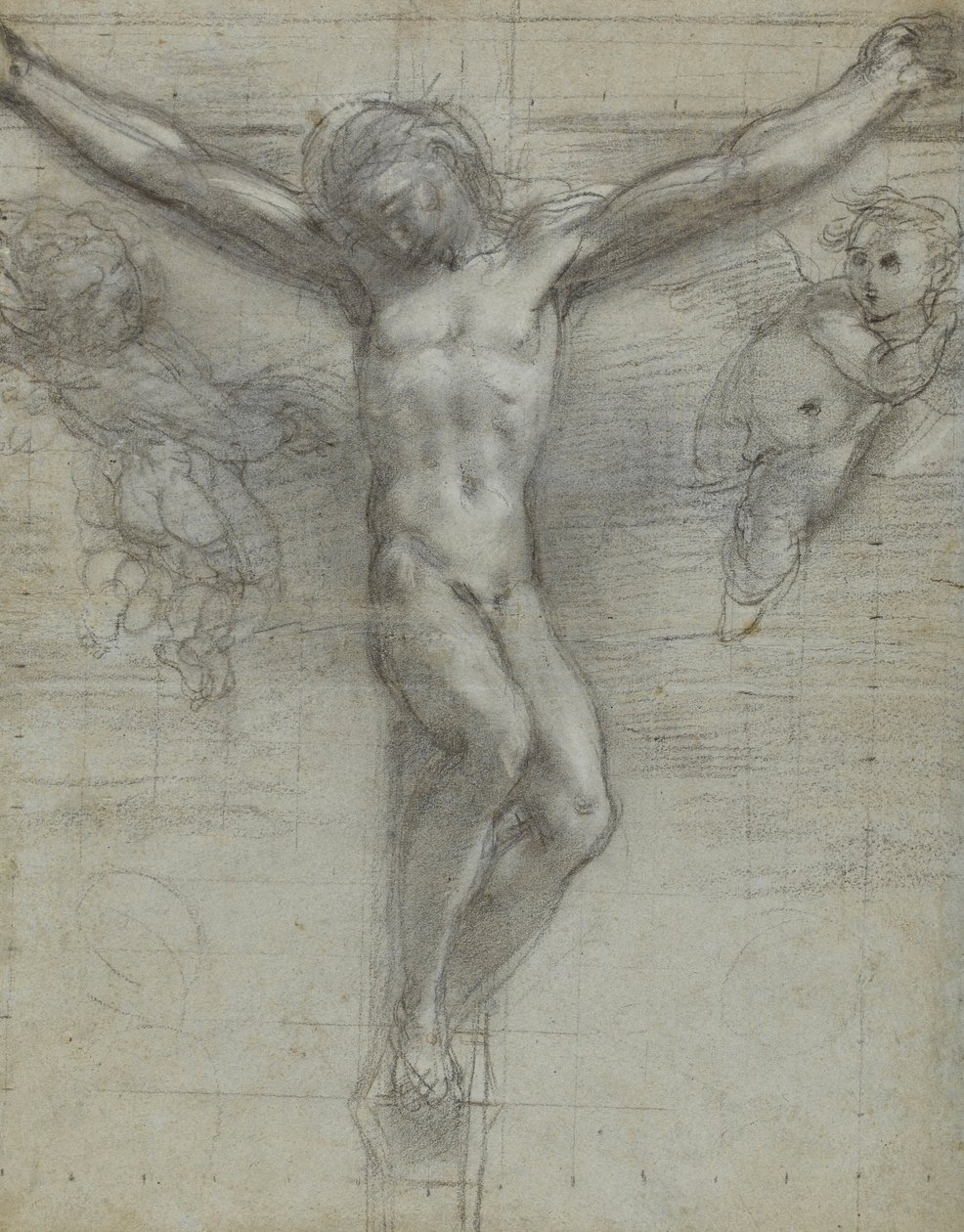 En studie av Kristus på korset med to engler (svart kritt, forsterket med hvitt på papir) av Federico Barocci