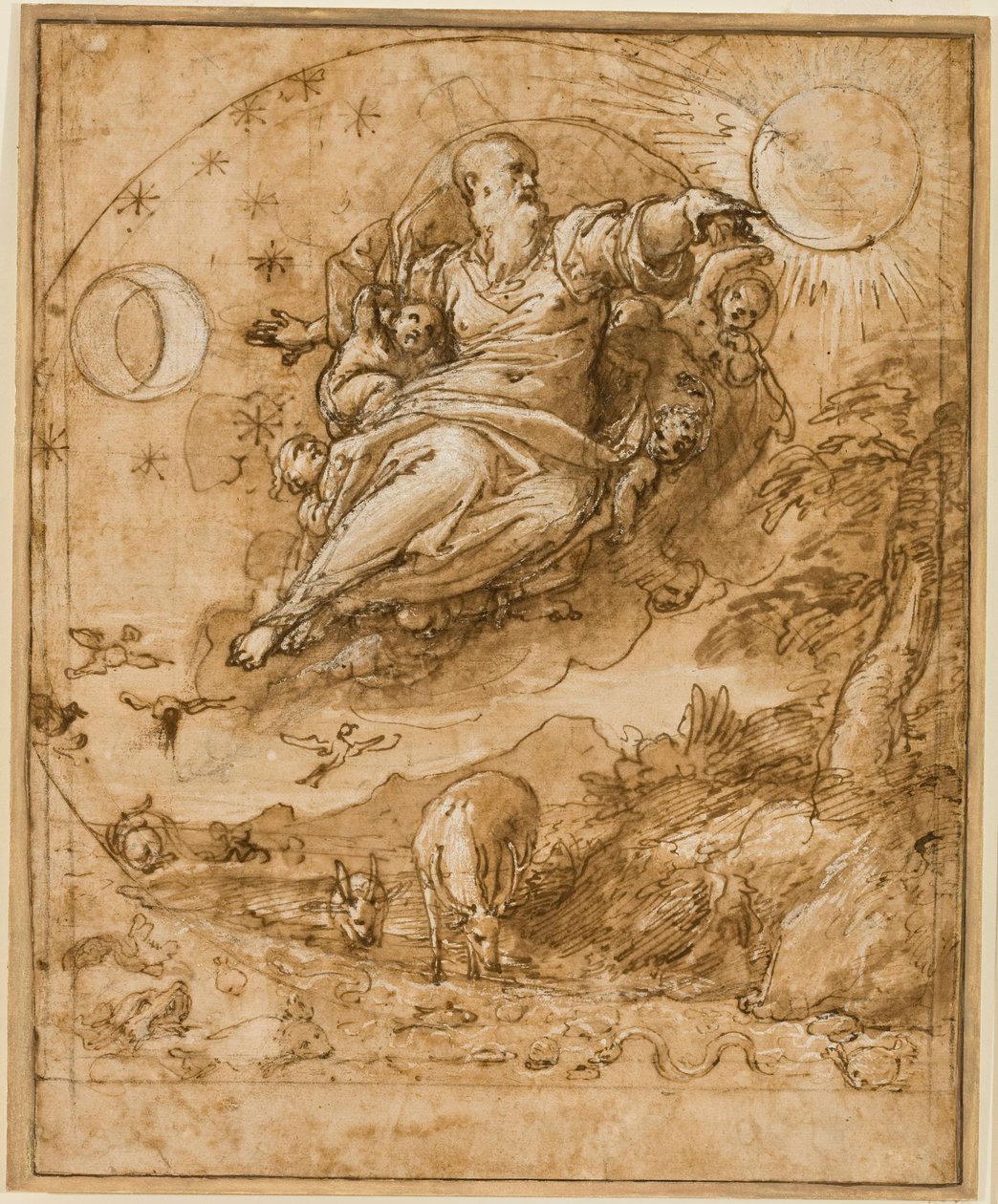 The Lord Creating the Sun and Moon, 1566-69 (penn og blekk, kritt, vask og hvit forhøyning på papir) av Federico Zuccaro