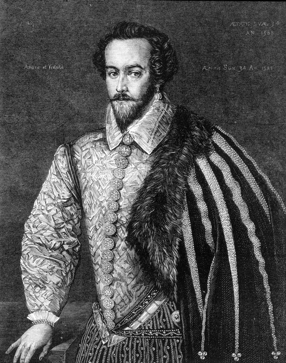 Portrett av Sir Walter Raleigh (1554 - 1618), engelsk navigatør, hoffmann og forfatter. Gravering etter et maleri tilskrevet Federico Zuccaro (eller Zuccari) (1549 - 1609) fra 1588. av Federico (after) Zuccari or Zuccaro