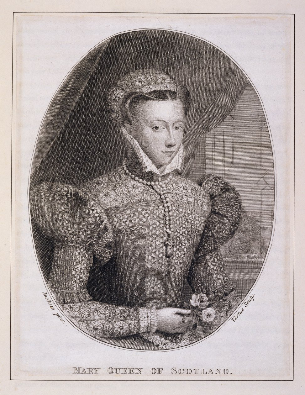 Mary Queen of Scots (1542-87), gravert av George Vertue (1684-1756) (gravering) av Federico (after) Zuccaro