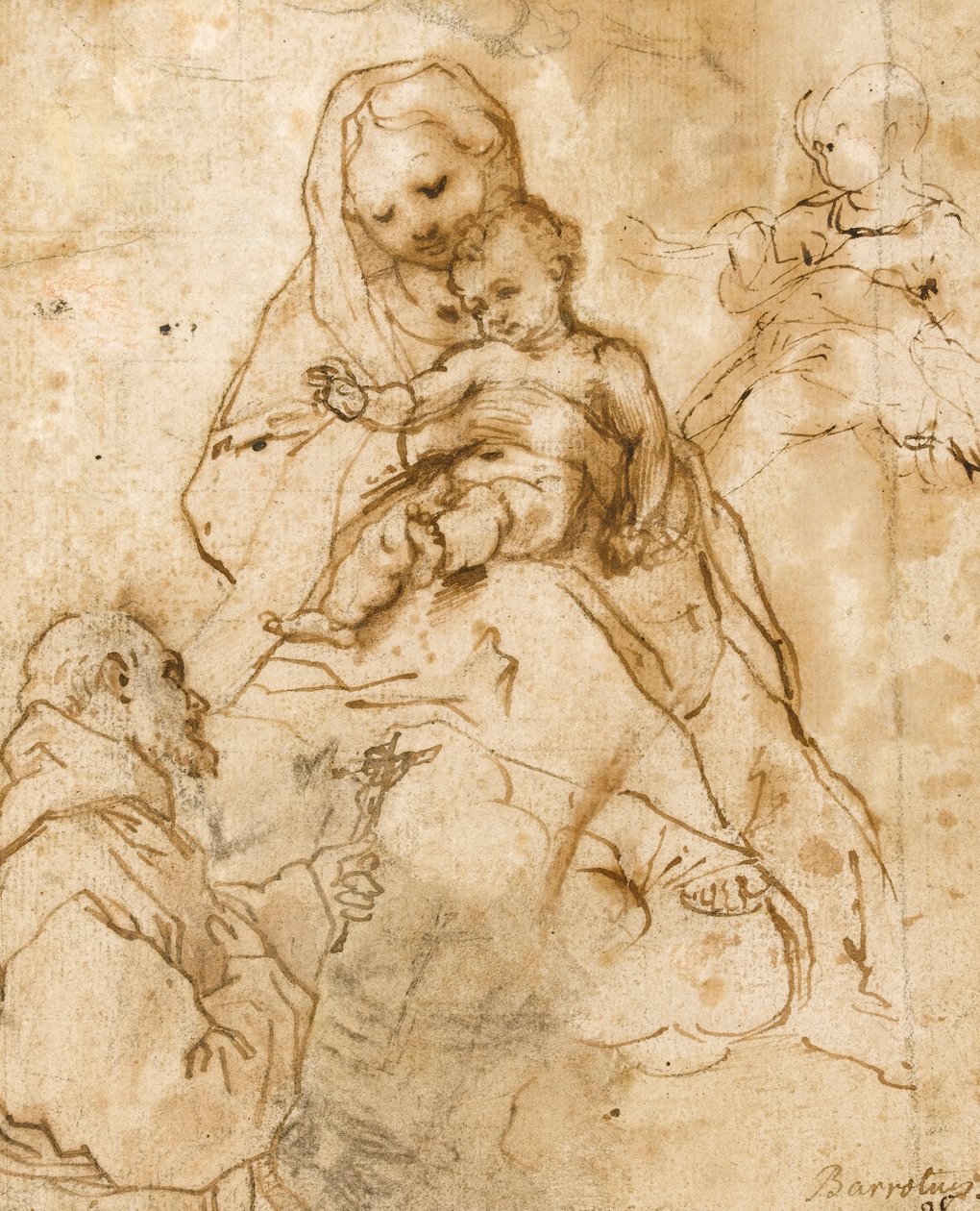 Jomfru og barn med St. Francis (rødt kritt med penn og blekk på papir) av Federico Barocci