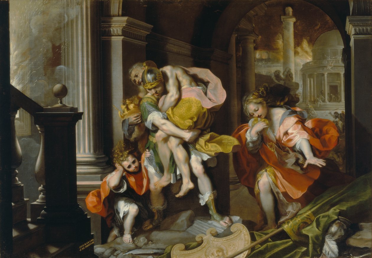 Aeneas og Anchises rømmer fra Troja, ca. 1587 (penn og blekk og olje med hvit forhøyning) av Federico Fiori Barocci or Baroccio