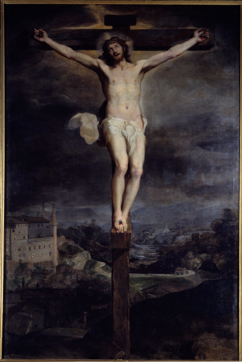 Kristus på korset-maleri av Federico Barocci (Baroccio) (1526/35-1612) kalt The Baroche 1604 Sun. 3,74x2,46 m Madrid, Prado-museet av Federico Fiori Barocci or Baroccio