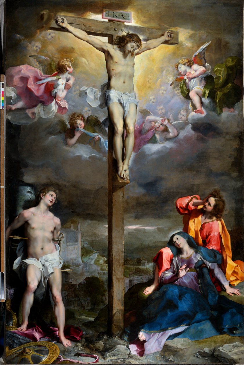 Korsfestelsen av Kristus med Vår Frue, Evangelisten Johannes og den hellige Sebastian av Federico Fiori Barocci or Baroccio