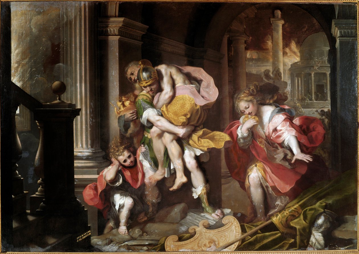 Enee bærer sin far Anchise på skuldrene og flykter fra trojansk maleri av Federico Fiori dit il Barocci (1528/35-1612) 1598 Søn. 179x253 cm Roma, Galleria Borghese av Federico Fiori Barocci or Baroccio