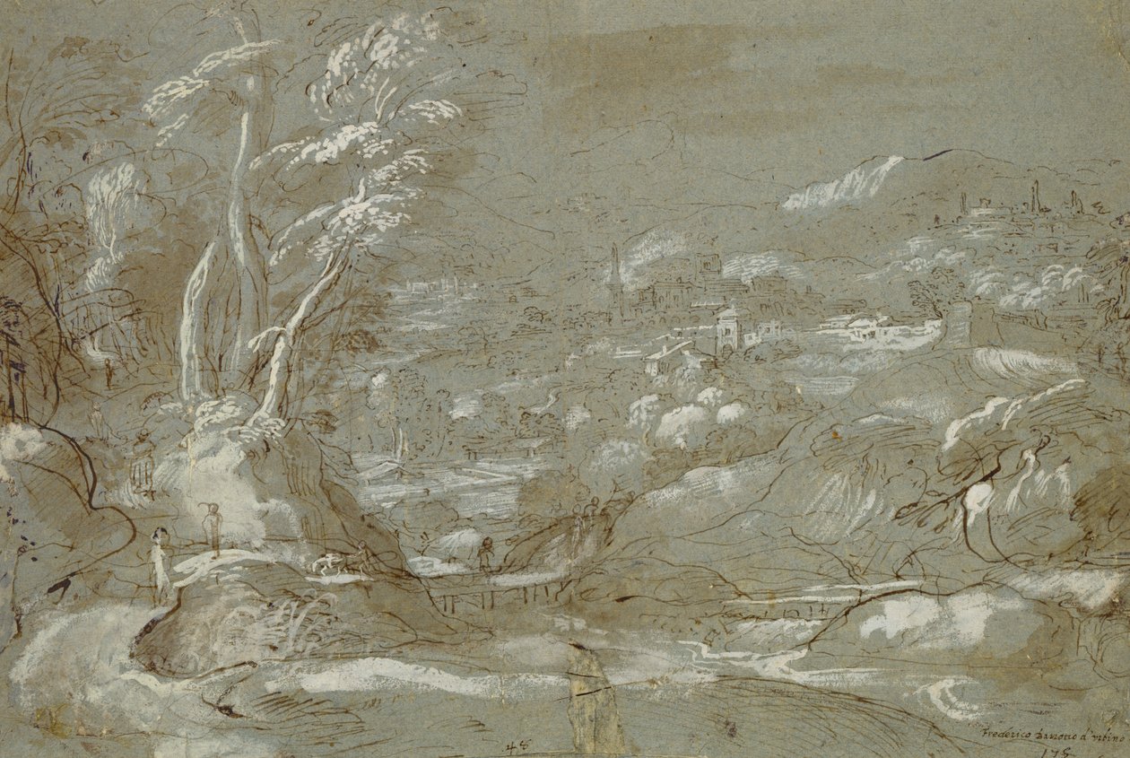 Landskap (penn og blekk på papir med hvit utheving) av Federico Fiori Barocci or Baroccio