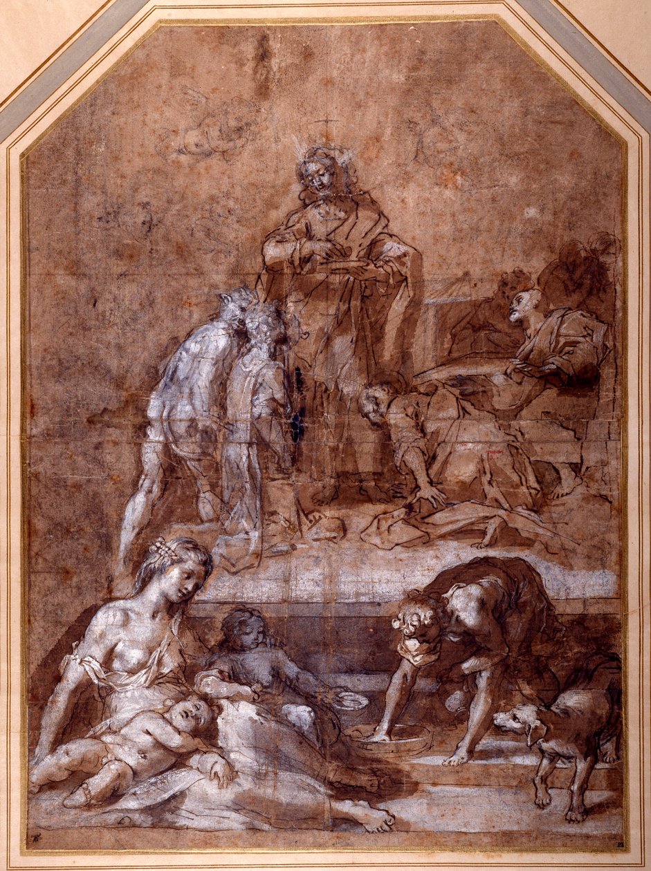 Religiøs allegori, samlingen av Manna og eukaristiens institusjon (penn og blekk og kritt med vask, forsterket med hvitt på papir) av Federico Fiori Barocci or Baroccio