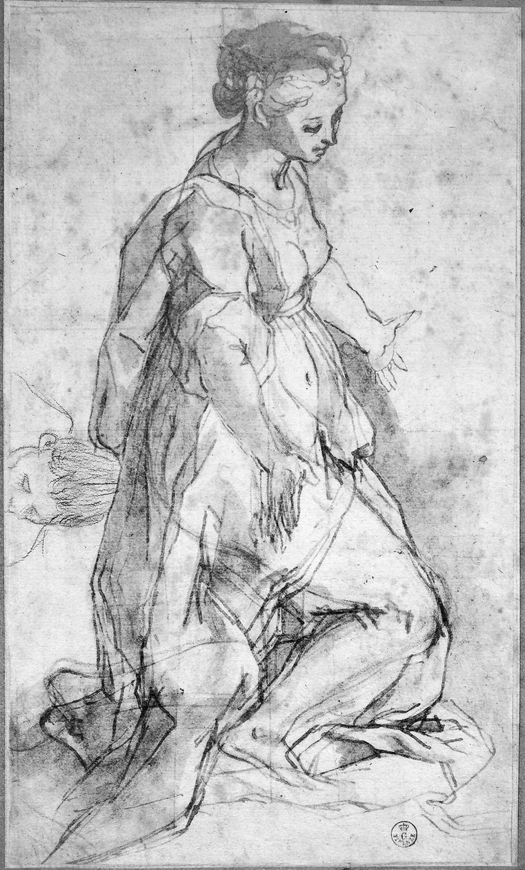 Studie for Jomfrufiguren (svart kritt og penn og blekk med vask på papir) av Federico Fiori Barocci or Baroccio