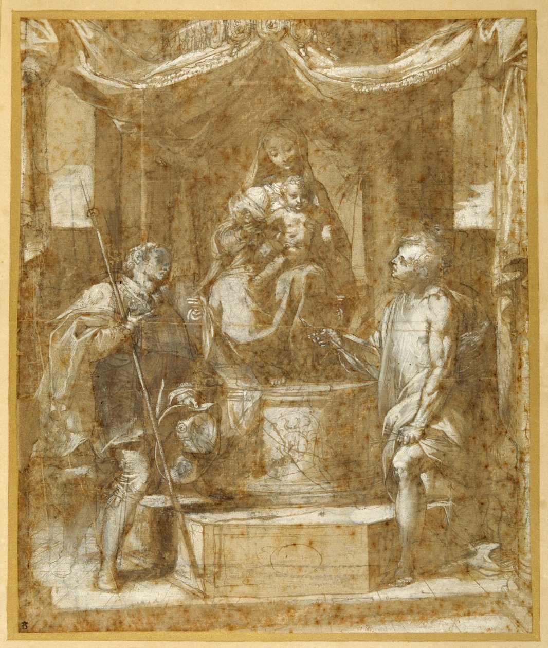 The Virgin and Child tronet under en baldakin, med Sts Roch og Sebastian (penn og brunt blekk med brun vask og forhøyning) av Federico Fiori Barocci or Baroccio