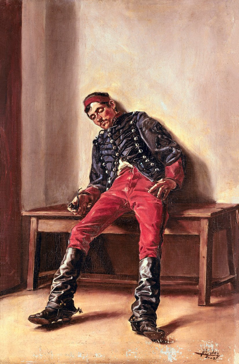 The cachot' En fangesoldat sover i cellen sin. Maleri av Federico Godoy y Castro (1869-1939) Advarsel! Bruken av dette verket kan være underlagt en forespørsel om autorisasjon fra en tredjepart eller betaling av tilleggsgebyrer av Federico Godoy y Castro