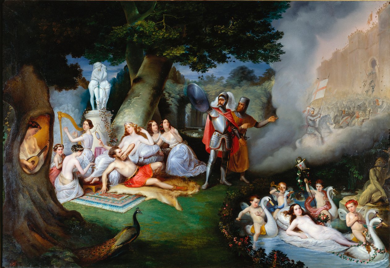 Renaud i hagen til Armide Illustrasjon av en scene av "The Jerusalem delivree" (La gerusalemme liberata) av Torquato Tasso (kjent som kruset). Den fortryllende Armide omgitt av svært symbolske Amours-seduiter ved hjelp av hans magiske speil, ridd av Federico Peschiera