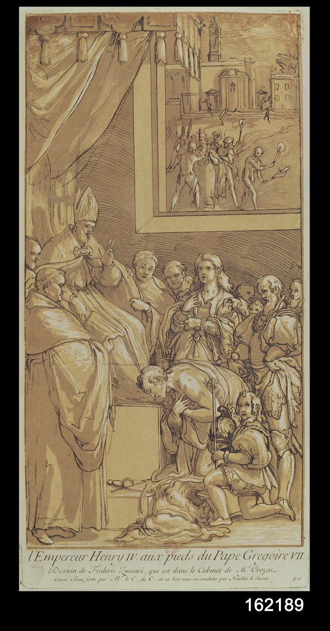 Keiser Henri IV (1050-1106) ved føttene til pave Gregor VII (1020-85) gravert av Nicolas Le Sueur (1691-1764) av Federico Zuccari or Zuccaro