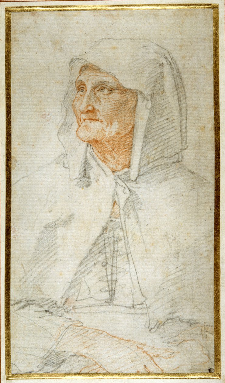 En gammel dame sittende, halvlang (farget kritt på papir) av Federico Zuccaro