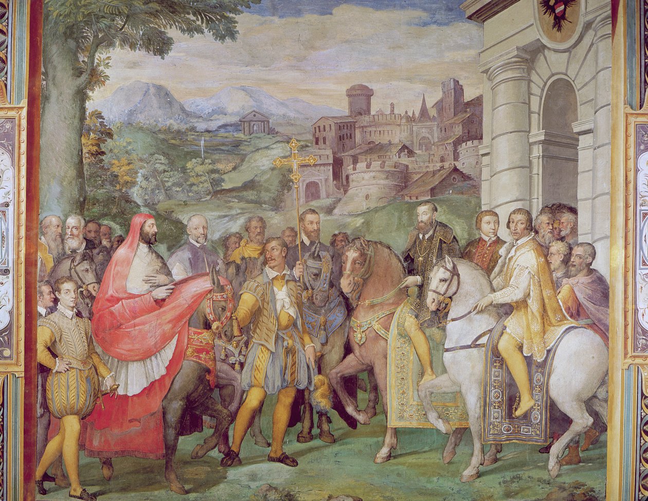 Charles V (1500-58) med Alessandro Farnese (1546-92) i Worms, fra 'Sala dei Fasti Farnese' (Hall of the Splendors of the Farnese), 1557-66 (se 95812) av Federico Zuccaro