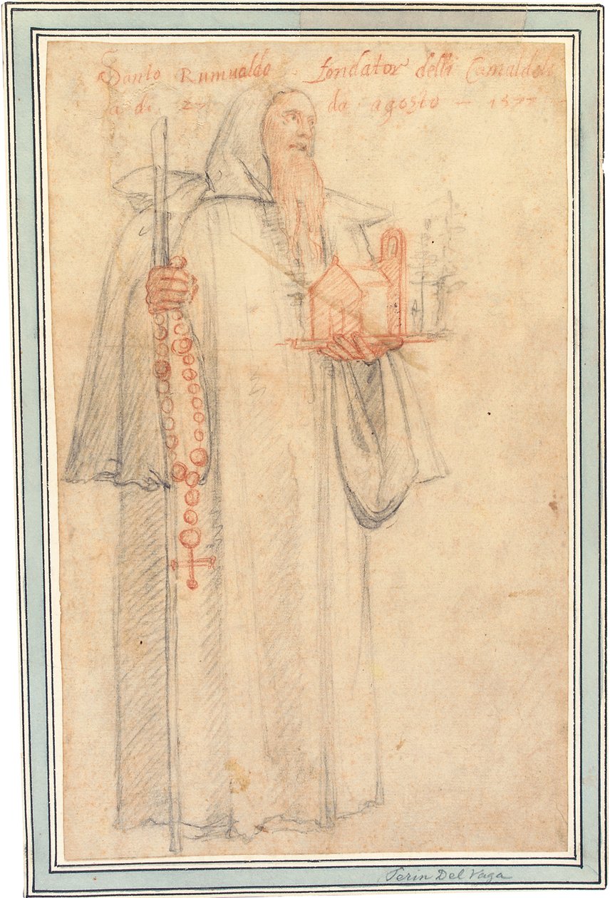 Fra Stefano, prokurator for kamaldolittene i Vallombrosa, som Saint Romuald, med en modell av en kirke og en rosenkrans, 1577 av Federico Zuccaro