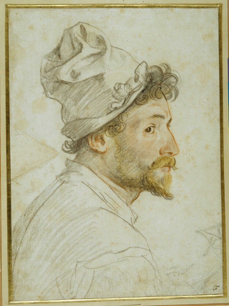 Hode og skuldre til en skjeggete mann med caps (svart, rødt og brunt kritt på hvitt papir) av Federico Zuccaro