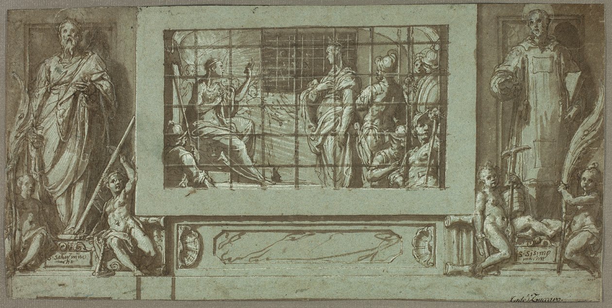 Saint Catherine i fengselet konverterer keiserinne Faustina til kristendommen, flankert av de hellige Saturnius og Simon av Federico Zuccaro