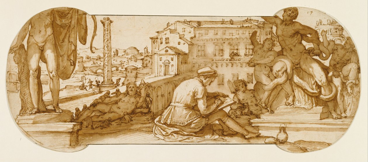Taddeo i Belvedere -domstolen i Vatikanet, tegnet Laocoön av Federico Zuccaro
