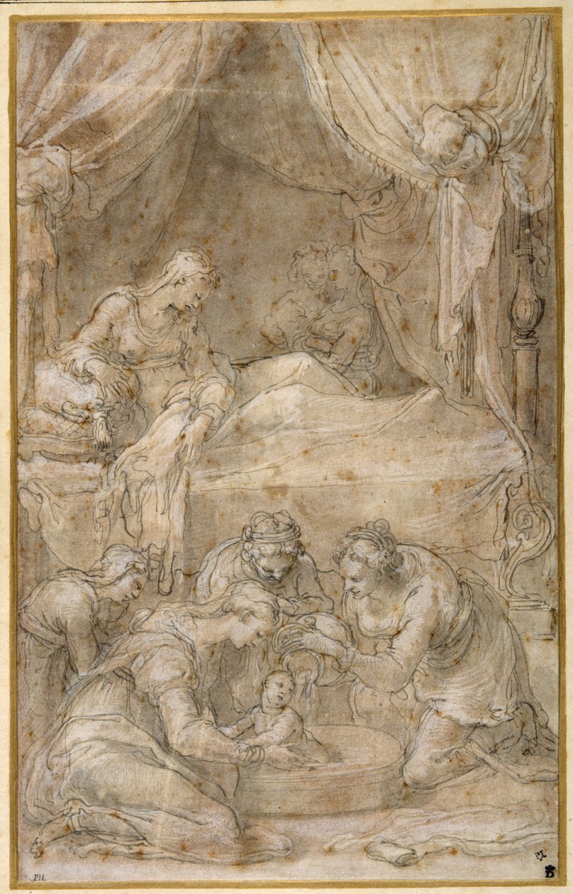 The Birth of the Virgin, etter Taddeo Zuccaro (penn og blekk på papir) av Federico Zuccaro