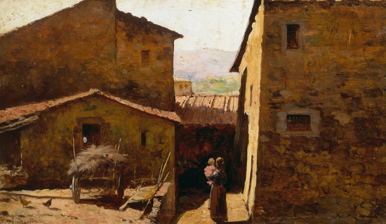 Rustikke toskanske gårdshus, av Federico Andreotti (1847-1930), olje på panel av Federigo Andreotti