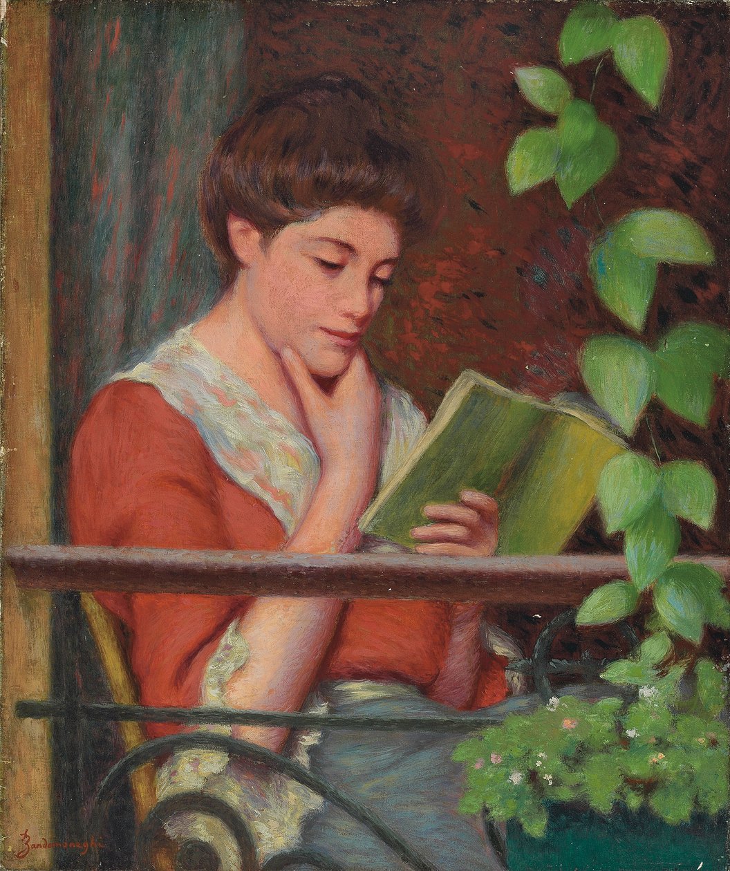 Reading al Fresco - Kvinne på balkongen; Leser al fresco - Kvinne på balkongen, av Federigo Zandomeneghi
