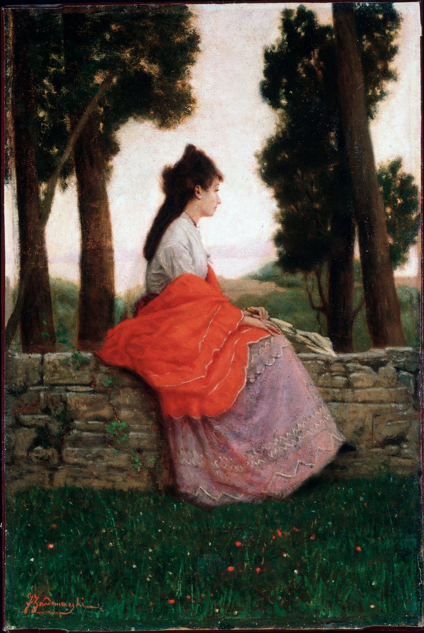 Ung dame som venter på noe, sitter på en liten vegg - Maleri av Federico Zandomeneghi (1841-1917) Privat samling av Federigo Zandomeneghi